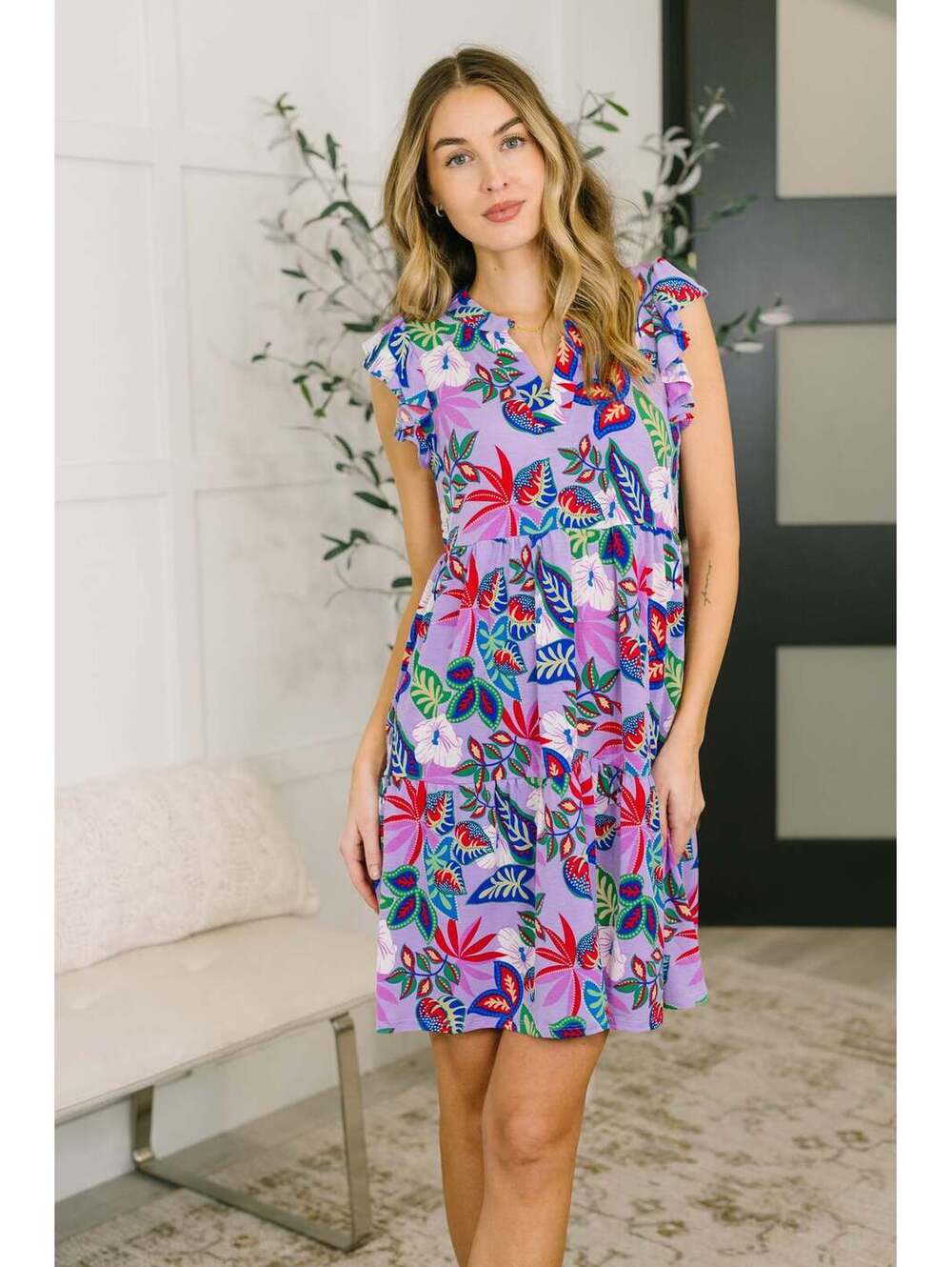 Lizzy Flutter Sleeve Dress in Multi Leaf